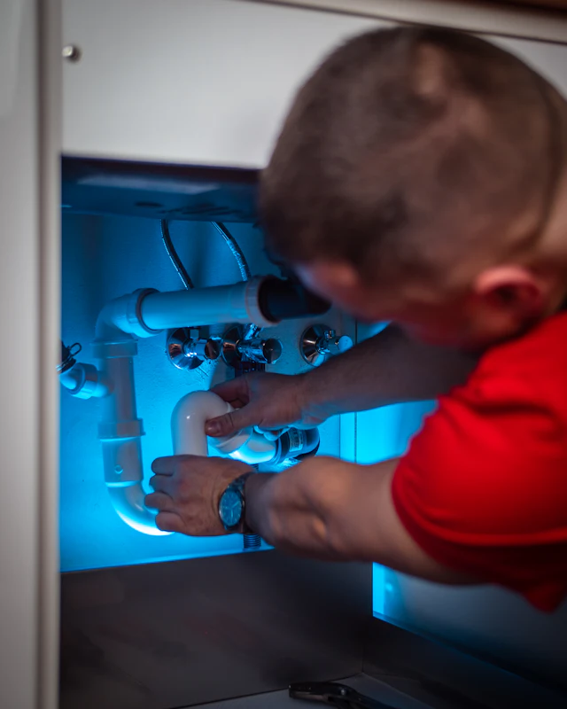 Licensed plumber repairing a sink drain and supply lines in Colorado Springs, CO