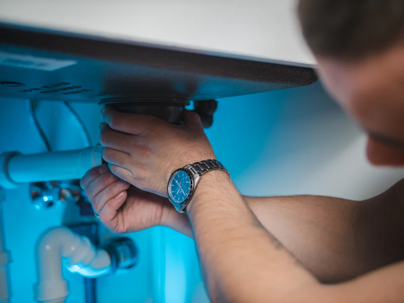 Plumber tightening a leaking supply connection under a bathroom sink in Colorado Springs, CO