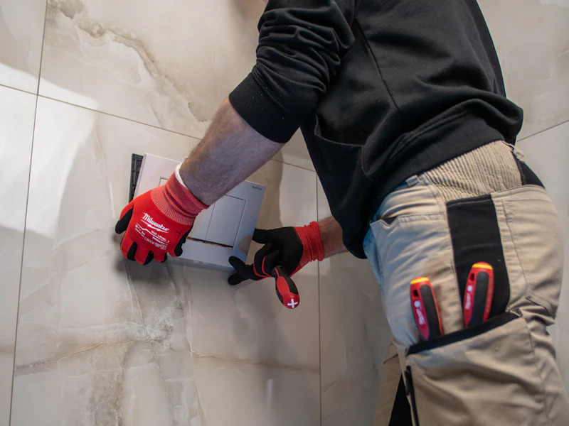 Plumber installing a wall-hung toilet and flush plate in Colorado Springs, CO