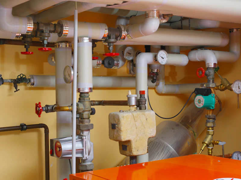Water heater and boiler piping with shut-off valves, gauges and a circulation pump in Colorado Springs, CO